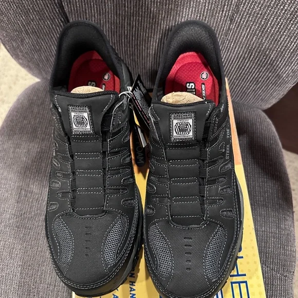 STEEl TOE Skechers Black Slip-On Shoes‎ Mens Sizes 7, 9, 11.5,13 NEW in Box